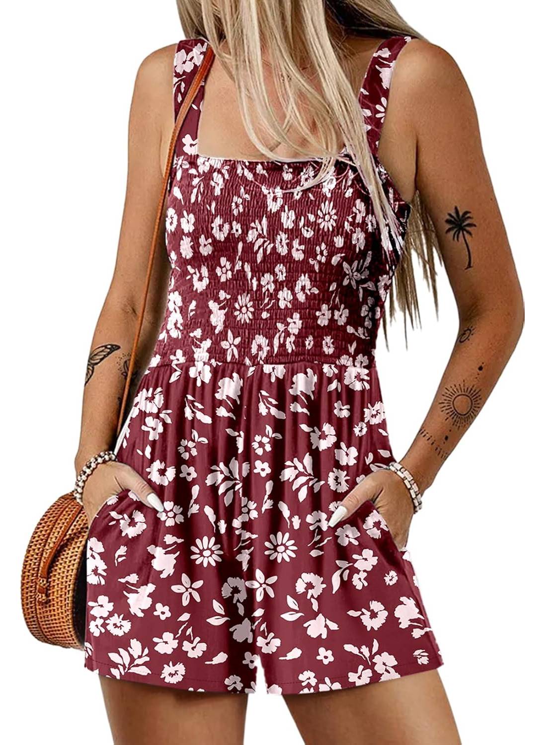 📢⏰Vente chaude 69% de réduction💃Summer Square Neck Sleeveless Loose Casual Short Smocked Romper