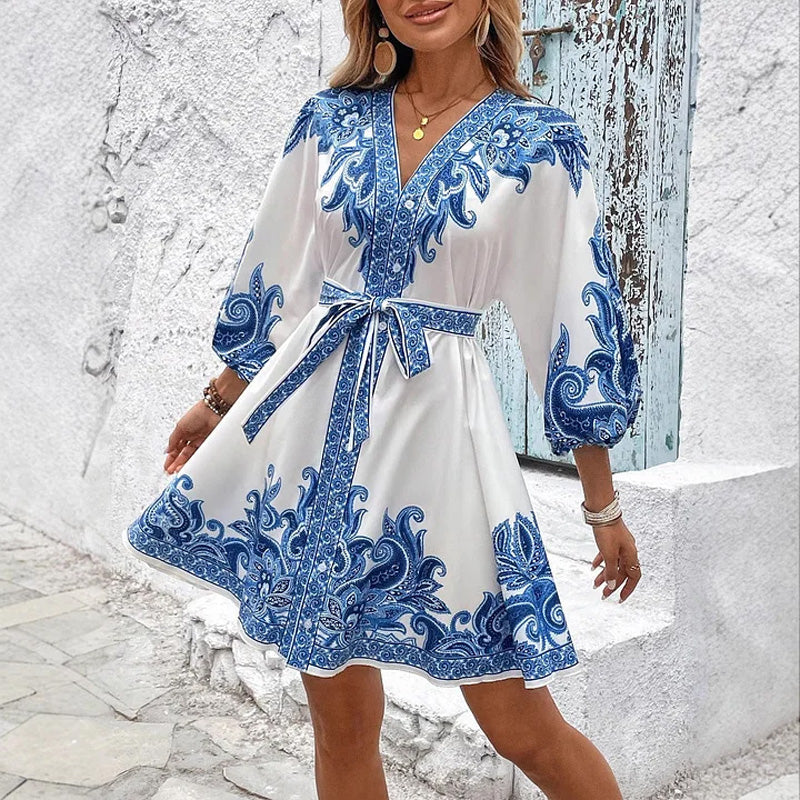 🌞🌸2025 ventes chaudes&Réduction limitée de 69% en été👱♀️Robe imprimée à col en V et ceinture nouée pour femme