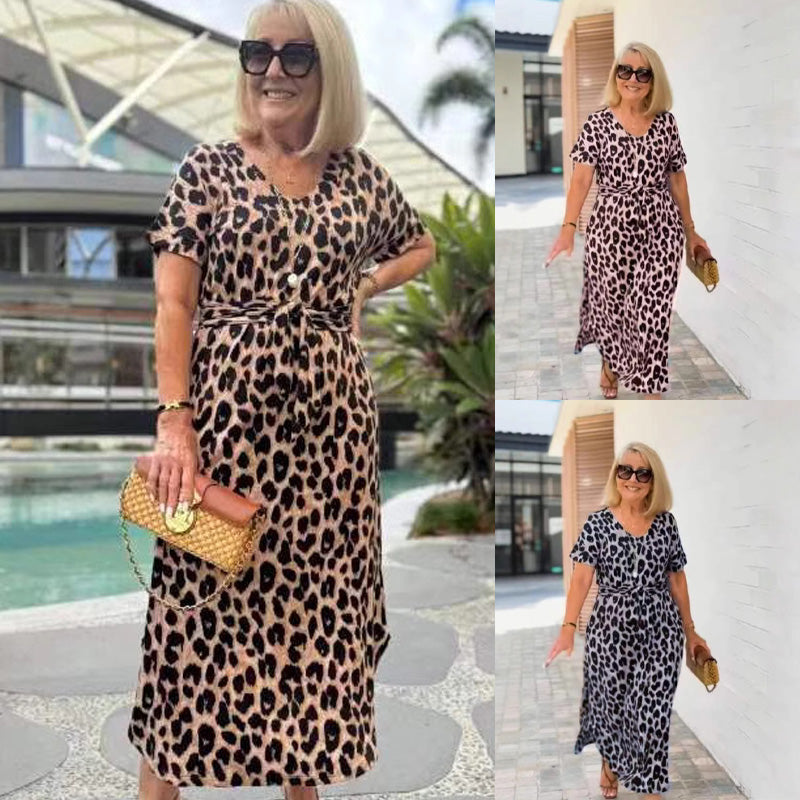đ„Robe femme imprimĂ© lĂ©opard avec col en V- Taille ajustable & 4 saisons