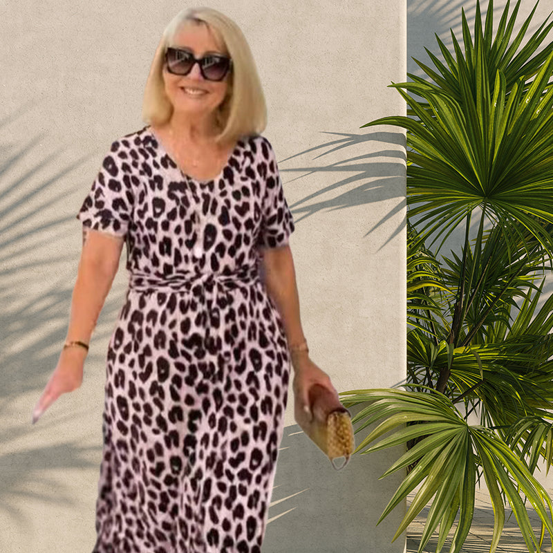 đ„Robe femme imprimĂ© lĂ©opard avec col en V- Taille ajustable & 4 saisons