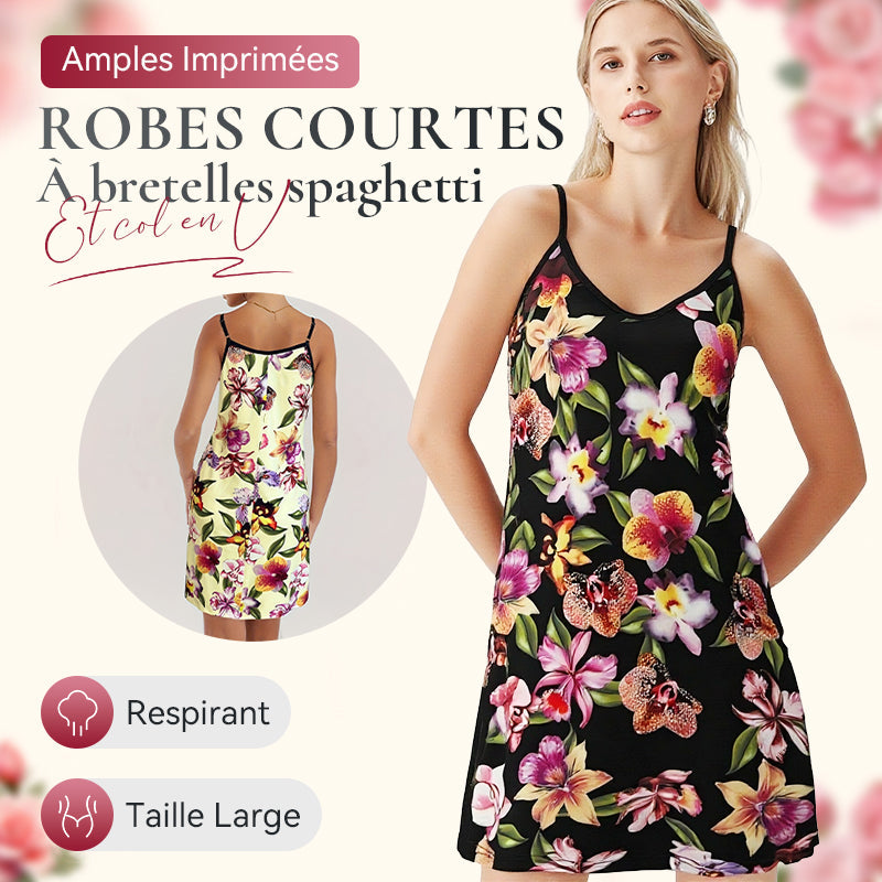 Robes courtes amples imprimées à bretelles spaghetti et col en V