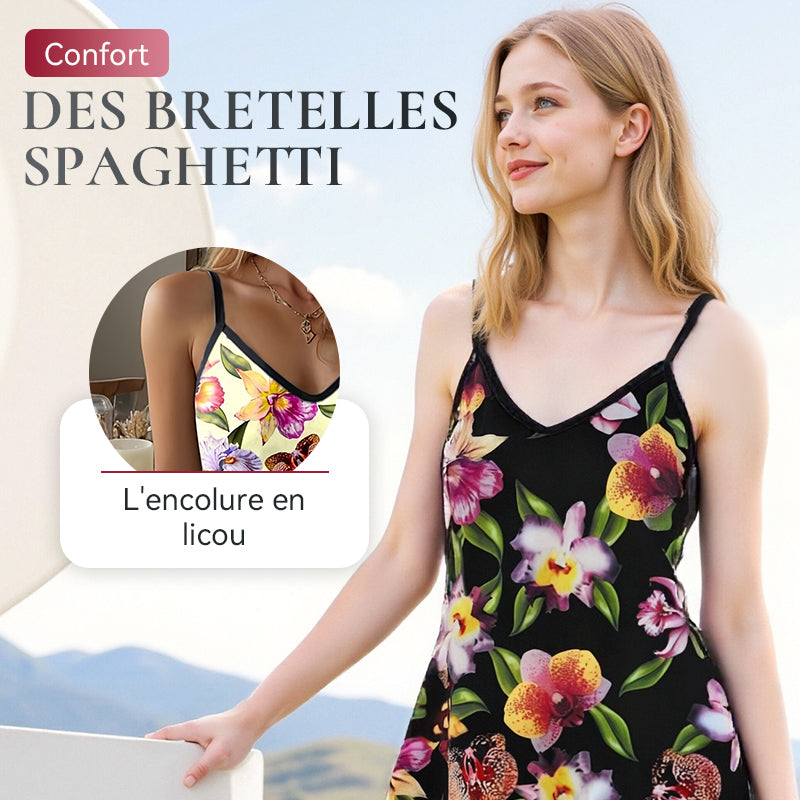 Robes courtes amples imprimées à bretelles spaghetti et col en V