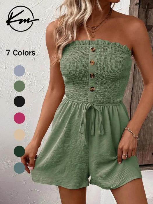 đLast Day Promotion 50% OFFđWomen's Strapless Frill Trim Shirred Tie Front Wide Leg Tube Romper
