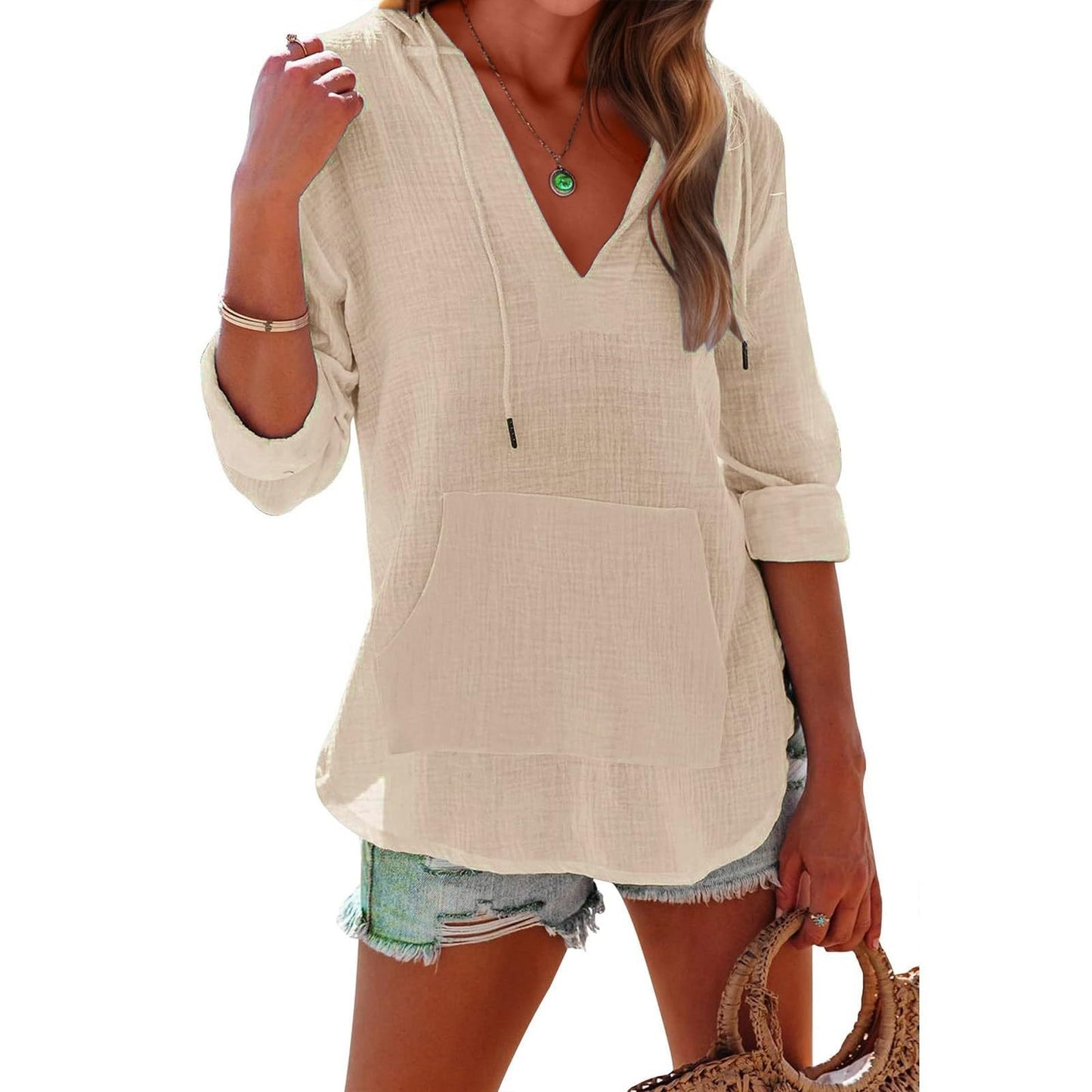 Sweat à capuche oversize pour femme avec col en V et poche kangourou pour l