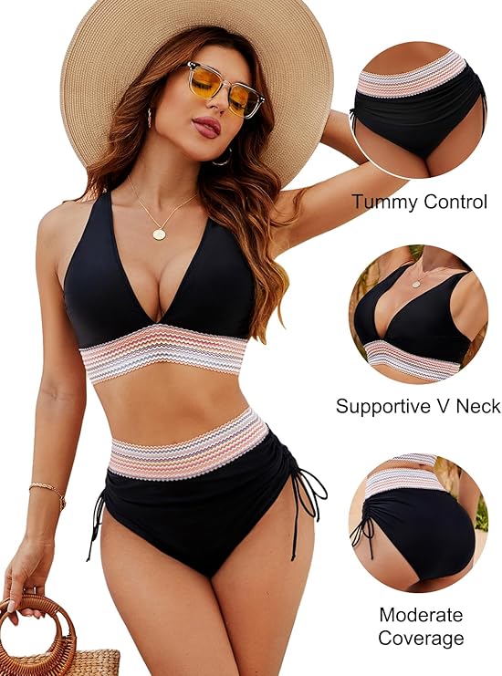 ✨Nouvelle arrivée✨👙Ensembles de bikini taille haute gainant le ventre à blocs de couleurs