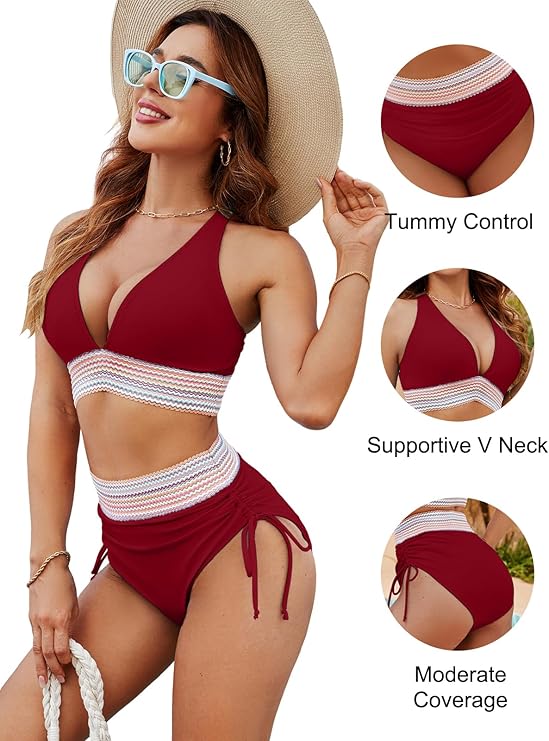✨Nouvelle arrivée✨👙Ensembles de bikini taille haute gainant le ventre à blocs de couleurs