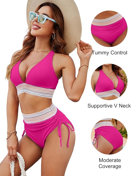 ✨Nouvelle arrivée✨👙Ensembles de bikini taille haute gainant le ventre à blocs de couleurs