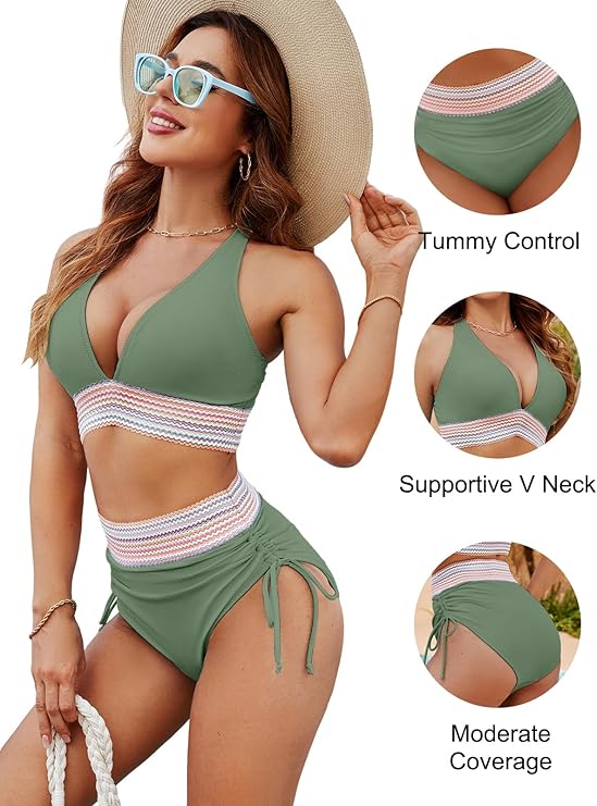✨Nouvelle arrivée✨👙Ensembles de bikini taille haute gainant le ventre à blocs de couleurs