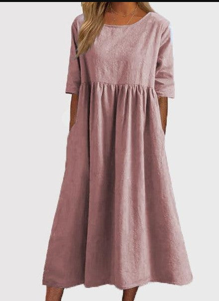 👗Réduction pour le début de l'été💝Robe décontractée en coton à col ras du cou et à poches pour femmes(🔥50% de réduction)