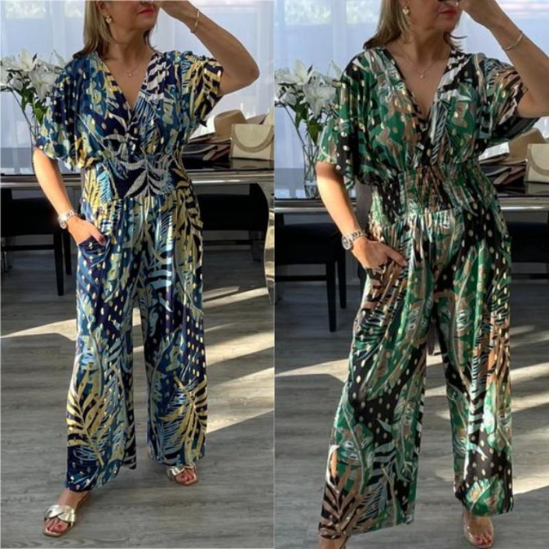 Combinaison d'été à taille extensible pour femmes, imprimé feuilles
