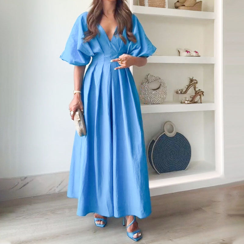 👗Robe longue plissée à la mode, dos nu, décolleté en V