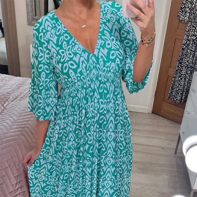🎉 Liquidation Hors Saison 🎉 Robe Longue Décontractée Imprimée à Col V Bohème