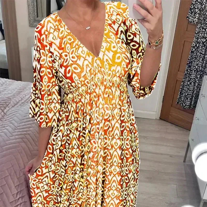 🎉 Liquidation Hors Saison 🎉 Robe Longue Décontractée Imprimée à Col V Bohème