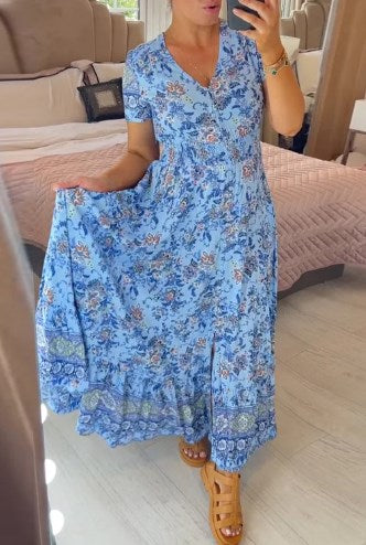 (💃Que dois-je porter demain ?) Robe longue à col en V, imprimée et confortable