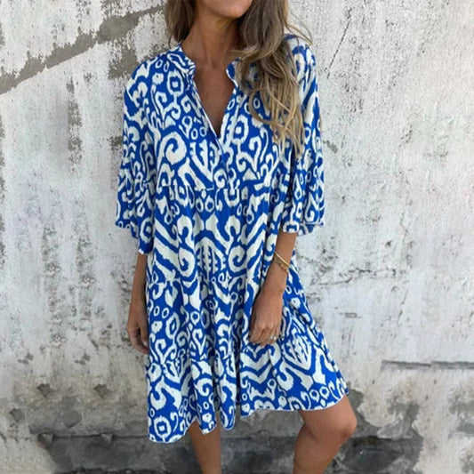 🌸Printemps 50% de réduction🌸Robe avec col en V imprimé et manches trois-quarts