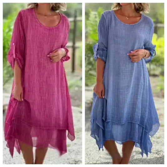 🌼Vente du dernier jour 50% DE RÉDUCTION 🌼 Robe pour femme de couleur unie élégante à col rond et à la coupe ample.