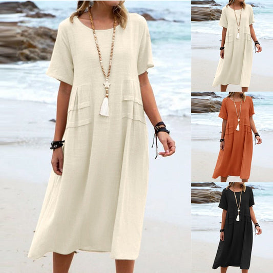 Robe Midi en Coton Lin à Col Rond pour Femme