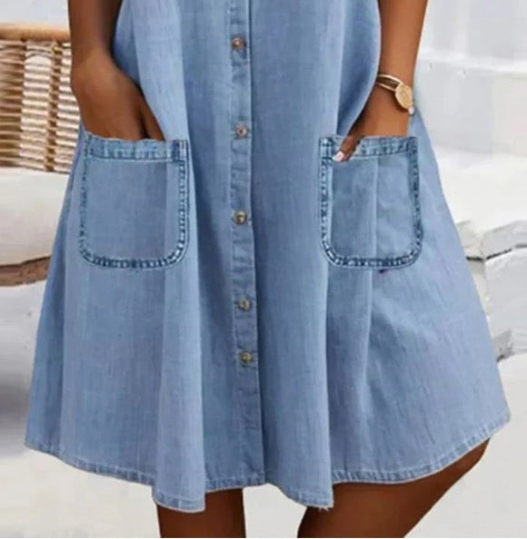 🎁56 % de réduction🔥Mini-robe bleue simple en denim avec col et dentelle
