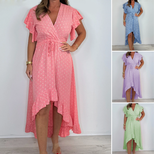 Robe style resort pour femme, col en V, pois, manches à volants