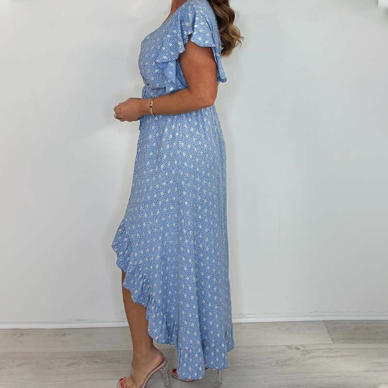 Robe style resort pour femme, col en V, pois, manches à volants