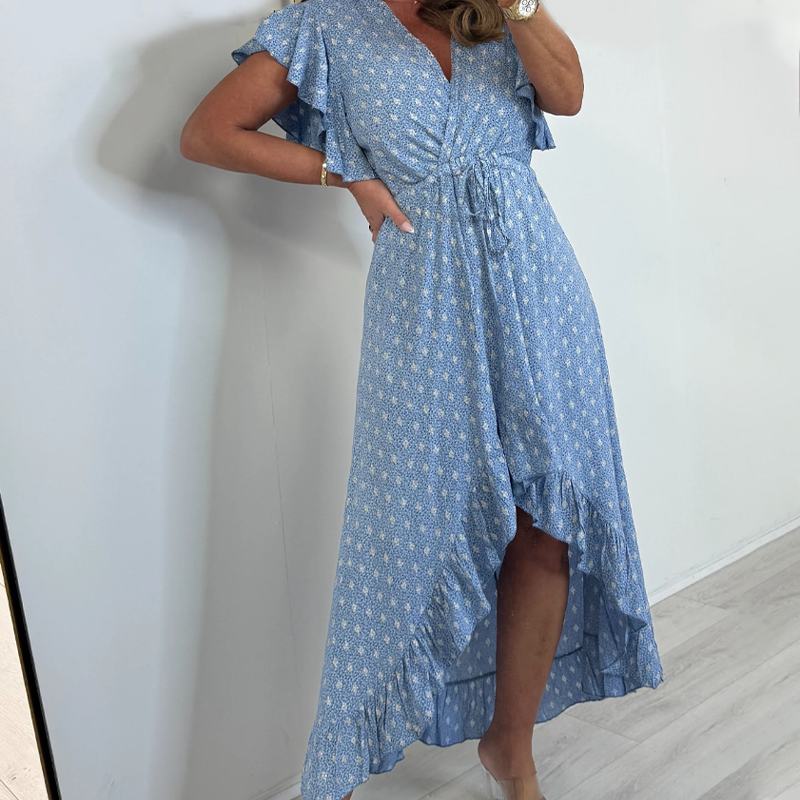 Robe style resort pour femme, col en V, pois, manches à volants