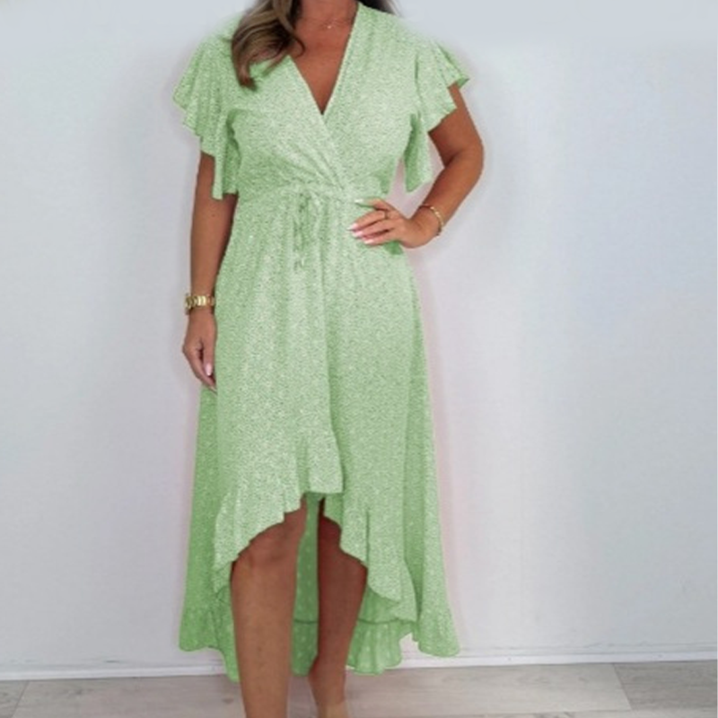 Robe style resort pour femme, col en V, pois, manches à volants