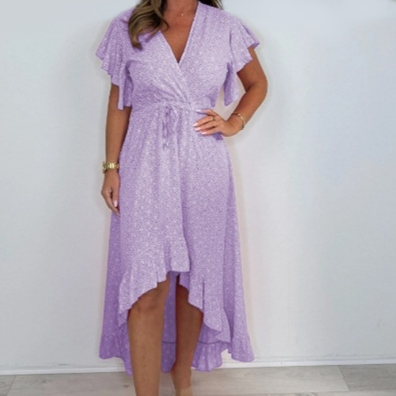 Robe style resort pour femme, col en V, pois, manches à volants