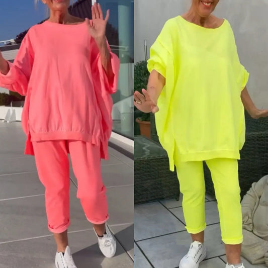 Combinaison de loisir pour femmes à encolure ronde et fendue de couleur fluorescente(🔥55% de réduction)