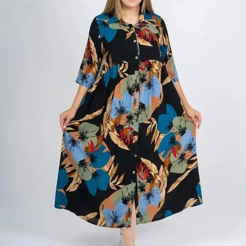 Robe longue ample imprimée boutonnée à revers pour femme