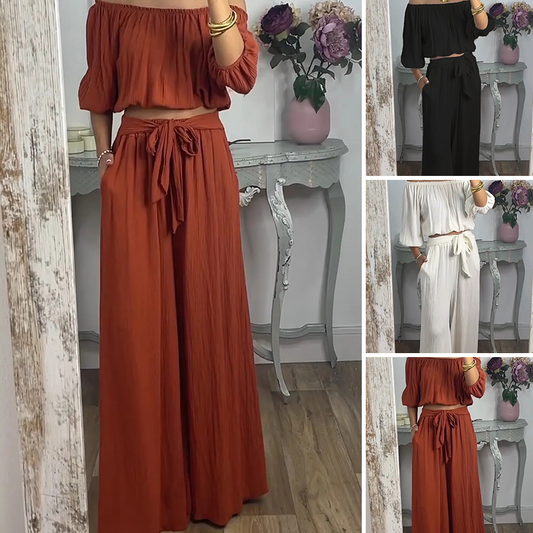Ensemble 2 pièces haut et pantalon à épaules dénudées pour femme