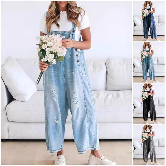 🔥Vente limitée à 50 % de réduction💕Salopette en denim déchirée pour femmes, mignonne et décontractée, avec boutons