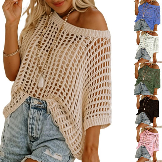 💥Prix spécial de la semaine 💥Womens Summer Scoop Neck ShortSleeve Sweater Casual Crochet Hollow Out KnitTops