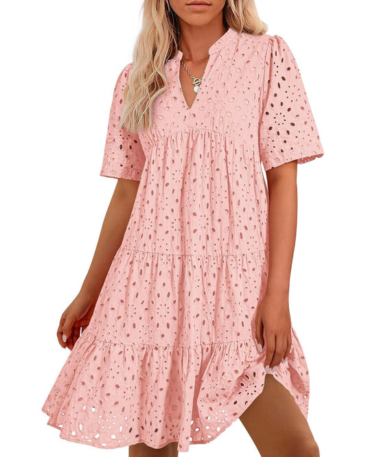 Robe courte décontractée élégante en dentelle ajourée à volants pour femme