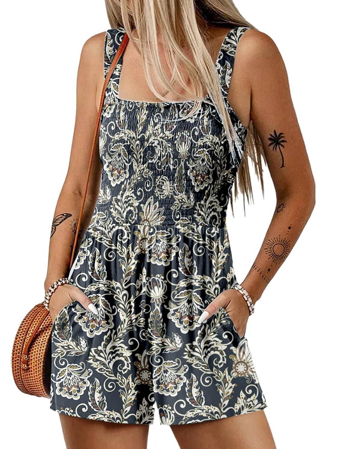 📢⏰Vente chaude 69% de réduction💃Summer Square Neck Sleeveless Loose Casual Short Smocked Romper