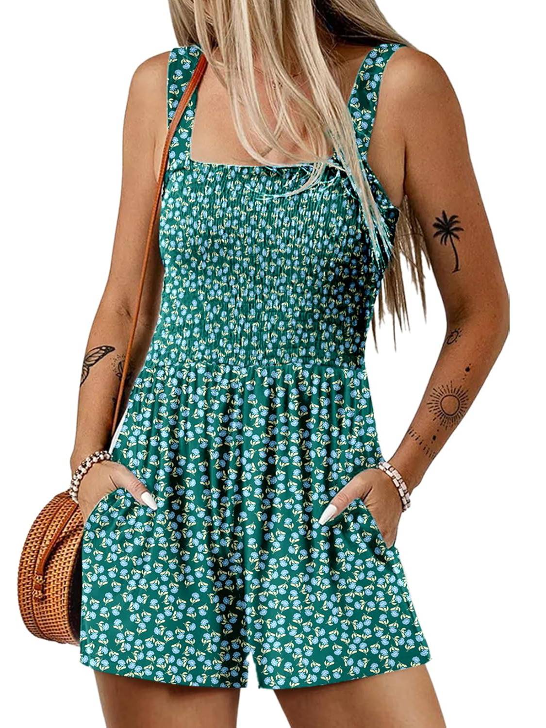 📢⏰Vente chaude 69% de réduction💃Summer Square Neck Sleeveless Loose Casual Short Smocked Romper