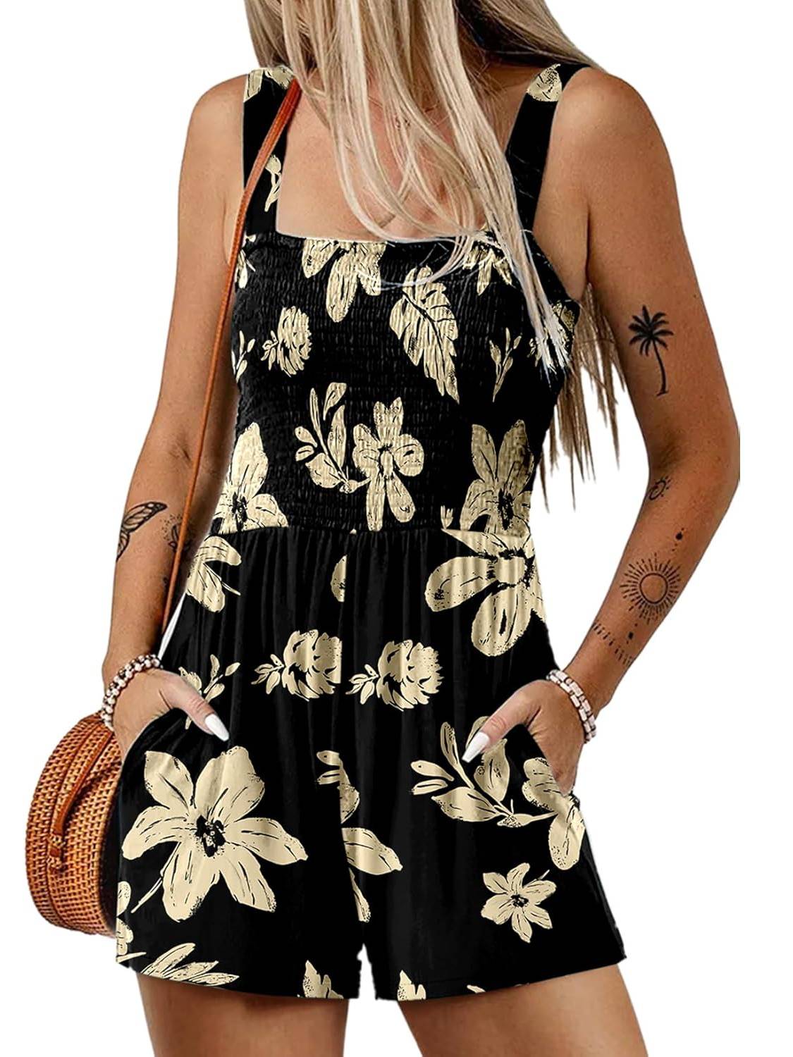 📢⏰Vente chaude 69% de réduction💃Summer Square Neck Sleeveless Loose Casual Short Smocked Romper