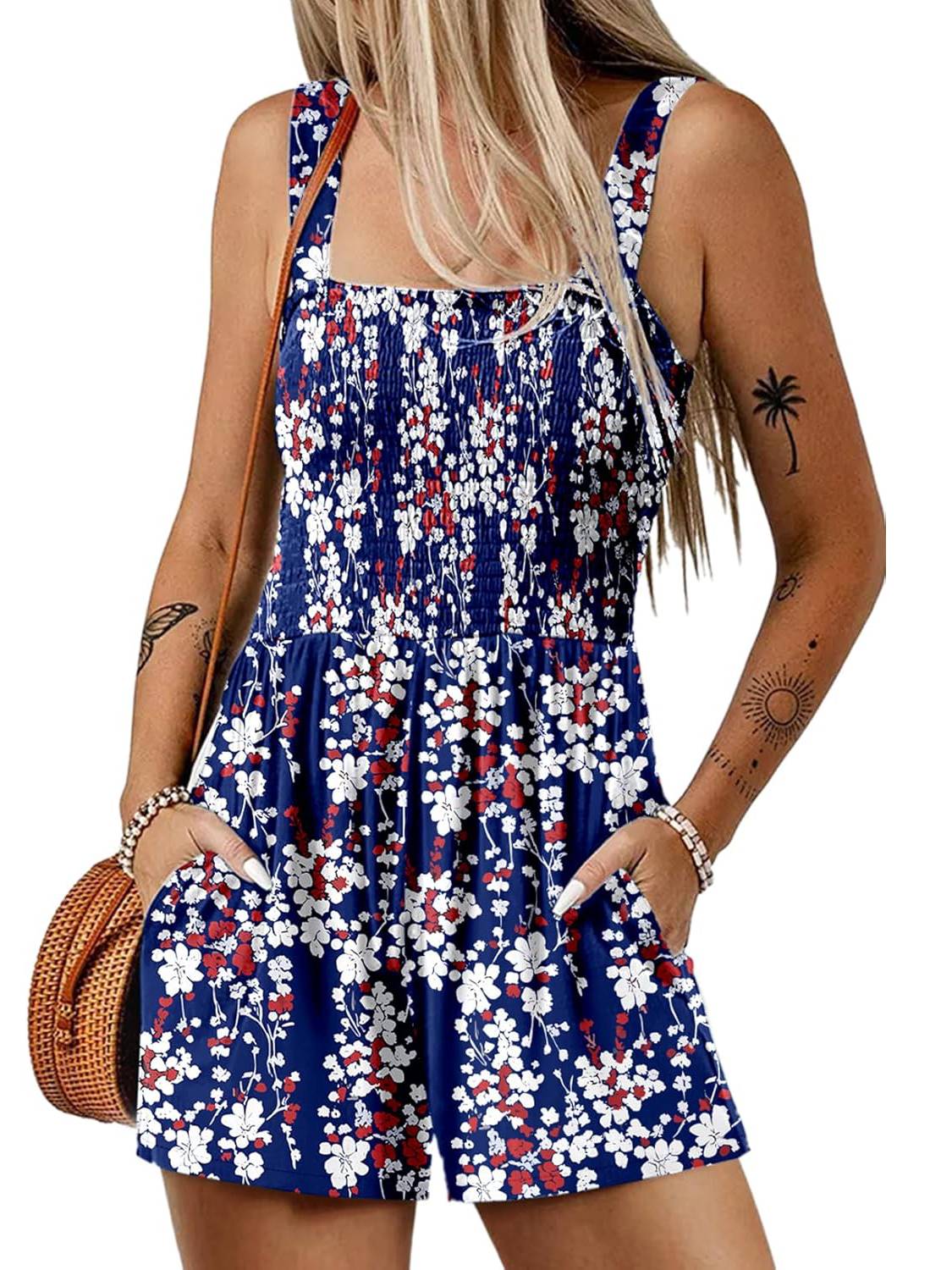 📢⏰Vente chaude 69% de réduction💃Summer Square Neck Sleeveless Loose Casual Short Smocked Romper