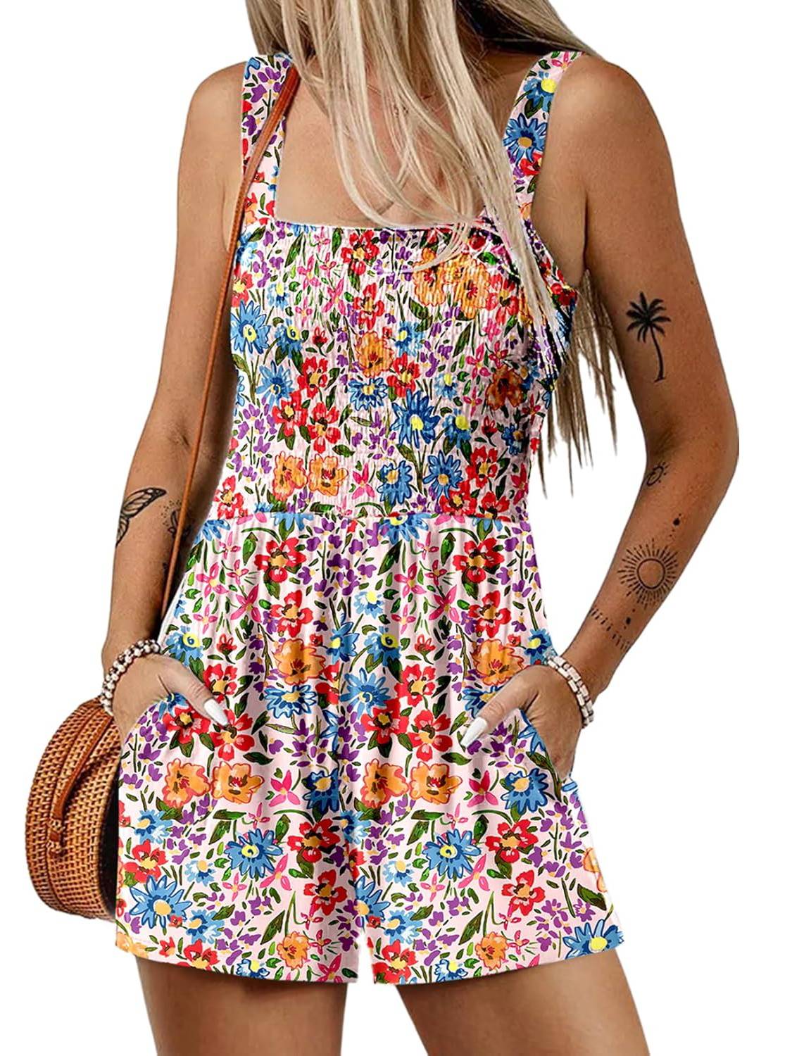 📢⏰Vente chaude 69% de réduction💃Summer Square Neck Sleeveless Loose Casual Short Smocked Romper