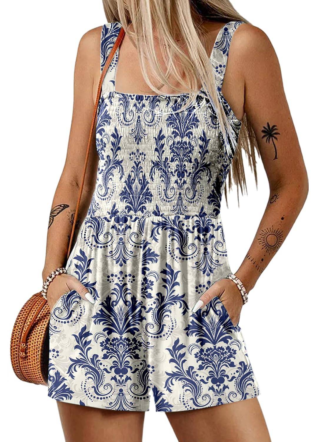 📢⏰Vente chaude 69% de réduction💃Summer Square Neck Sleeveless Loose Casual Short Smocked Romper