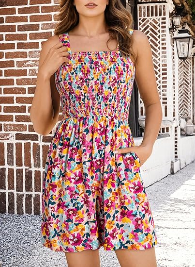 📢⏰Vente chaude 69% de réduction💃Summer Square Neck Sleeveless Loose Casual Short Smocked Romper