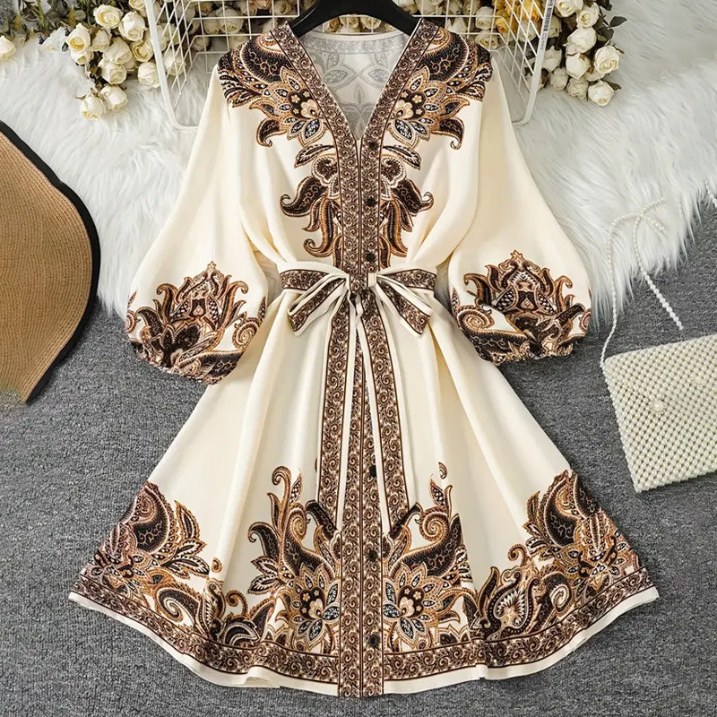 🌞🌸2025 ventes chaudes&Réduction limitée de 69% en été👱‍♀️Robe imprimée à col en V et ceinture nouée pour femme