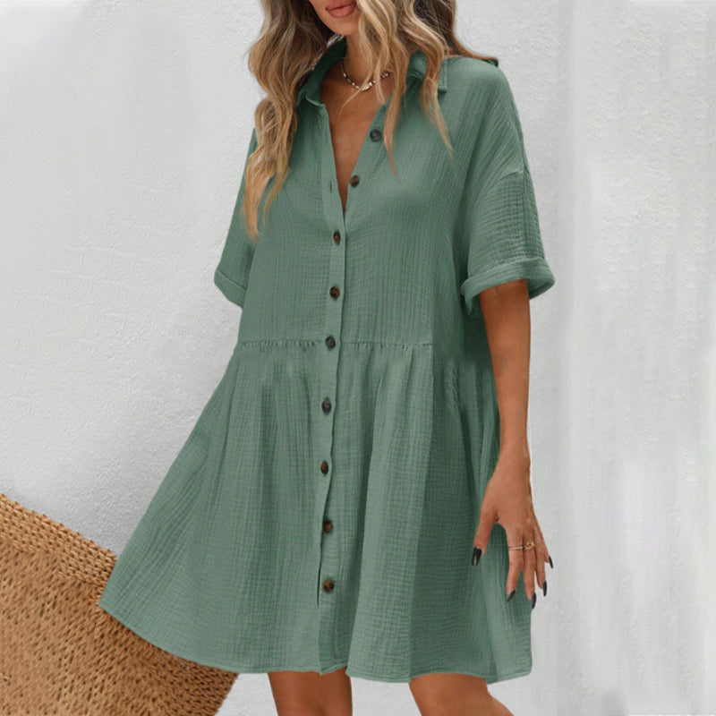 Robe Midi à Manches Courtes avec Col Chemise et Boutons