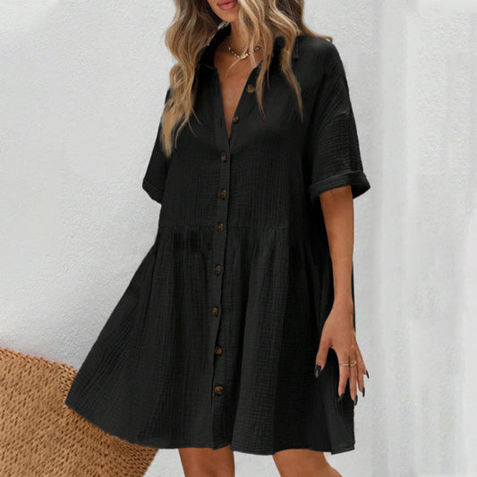 Robe Midi à Manches Courtes avec Col Chemise et Boutons