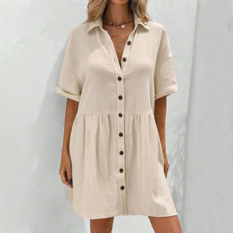 Robe Midi à Manches Courtes avec Col Chemise et Boutons