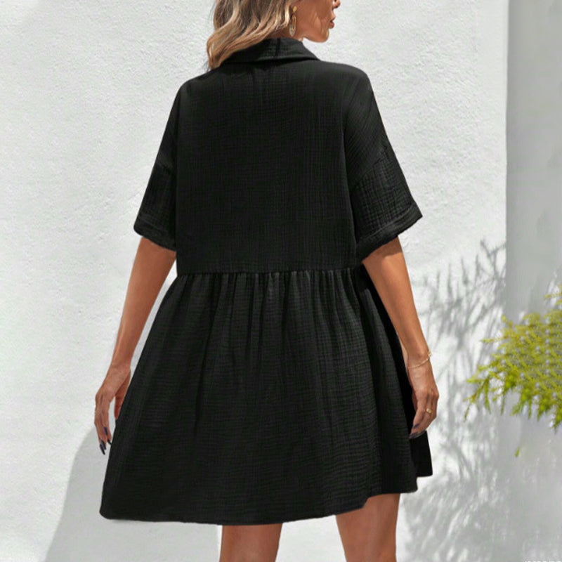 Robe Midi à Manches Courtes avec Col Chemise et Boutons