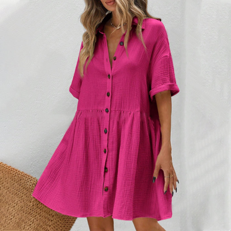 Robe Midi à Manches Courtes avec Col Chemise et Boutons