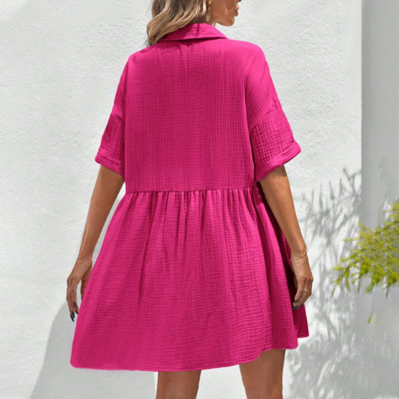 Robe Midi à Manches Courtes avec Col Chemise et Boutons