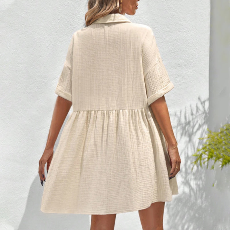 Robe Midi à Manches Courtes avec Col Chemise et Boutons