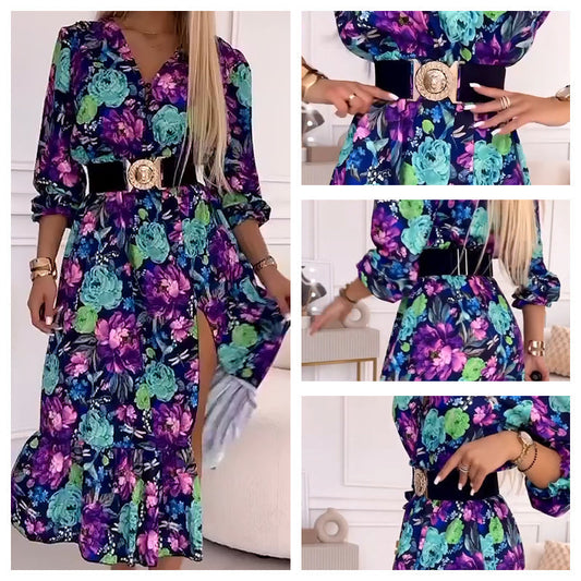 💐Robe élégante à col en V à imprimé floral pour femmes, fendue sur le côté
