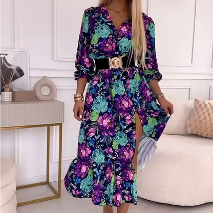 💐Robe élégante à col en V à imprimé floral pour femmes, fendue sur le côté